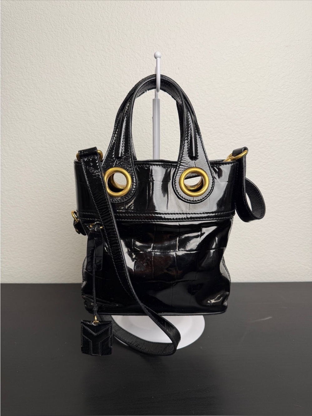 Authentic Yves Saint Laurent Black Patent Leather Crossbody with Gold Eyelets